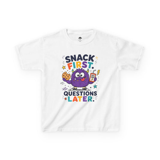 Kids TβShirt - "Snack First, Questions Later" Cute Monster Snack Tee