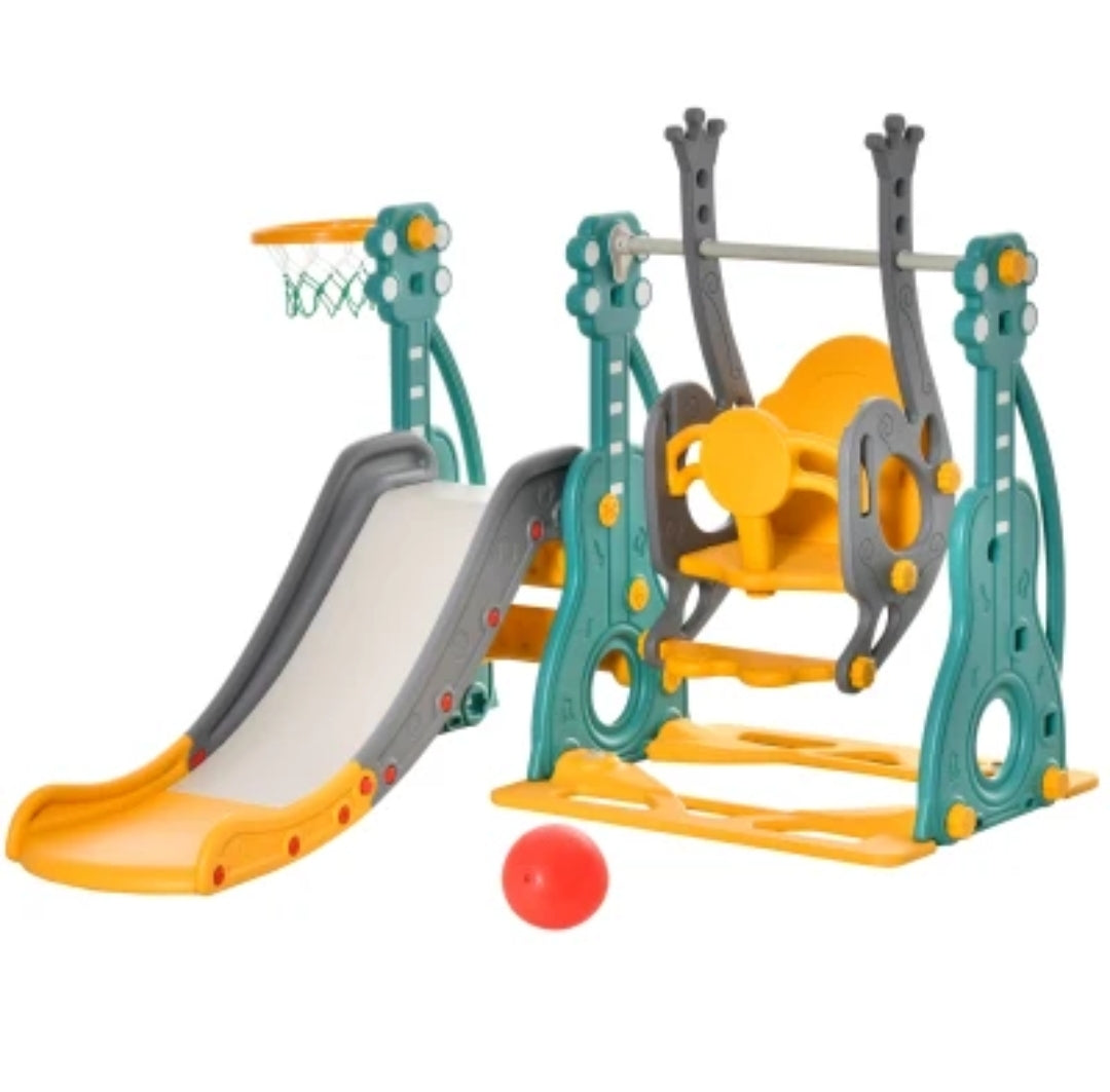HOMCOM 3-IN-1 Kids Swing and Slide Set with Basketball Hoop