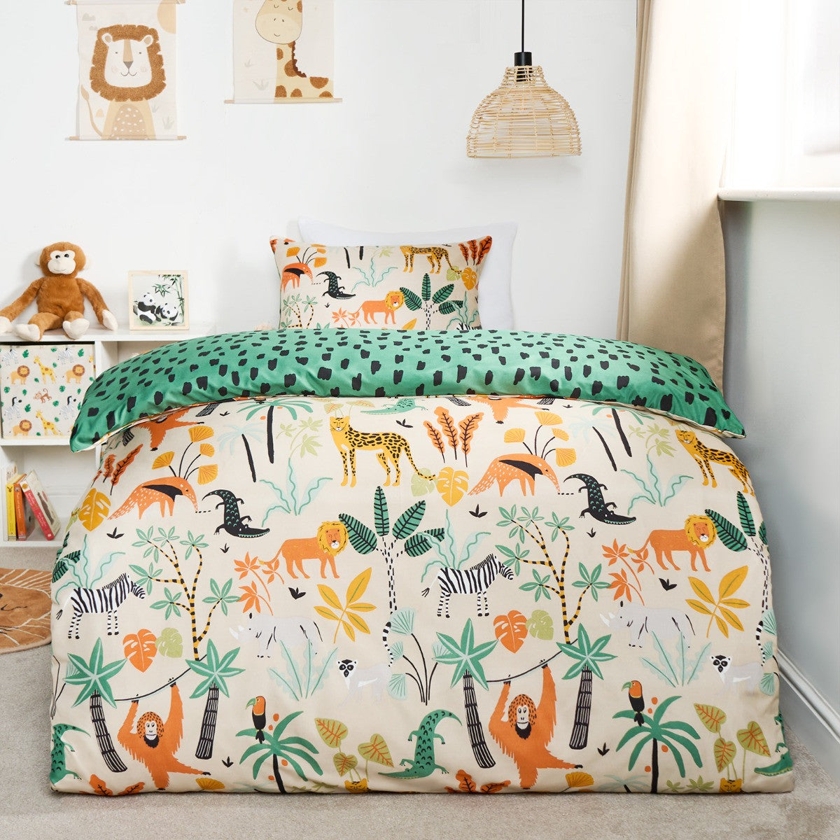 Kids Safari Print Reversible Duvet Cover Set - Natural/Green