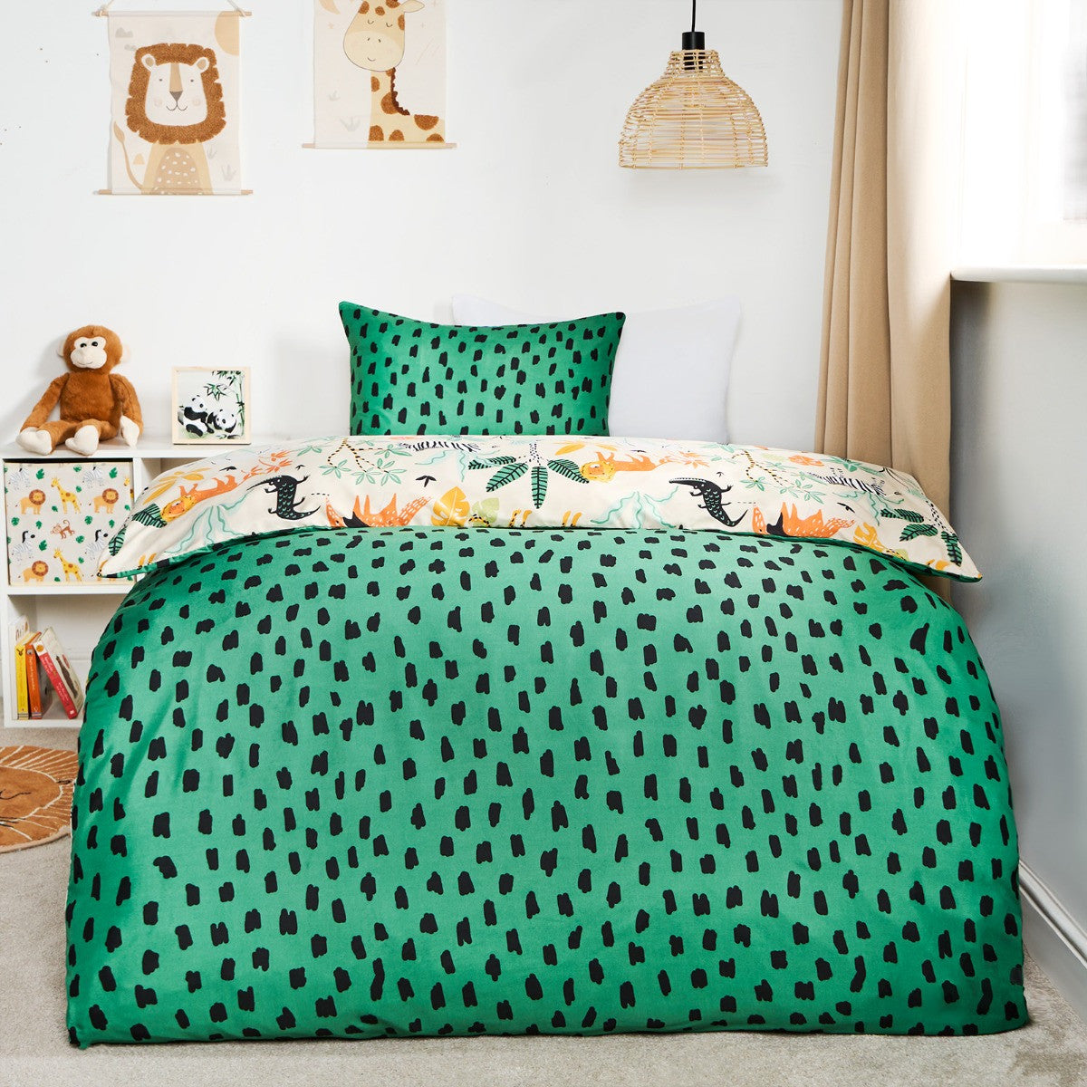 Kids Safari Print Reversible Duvet Cover Set - Natural/Green