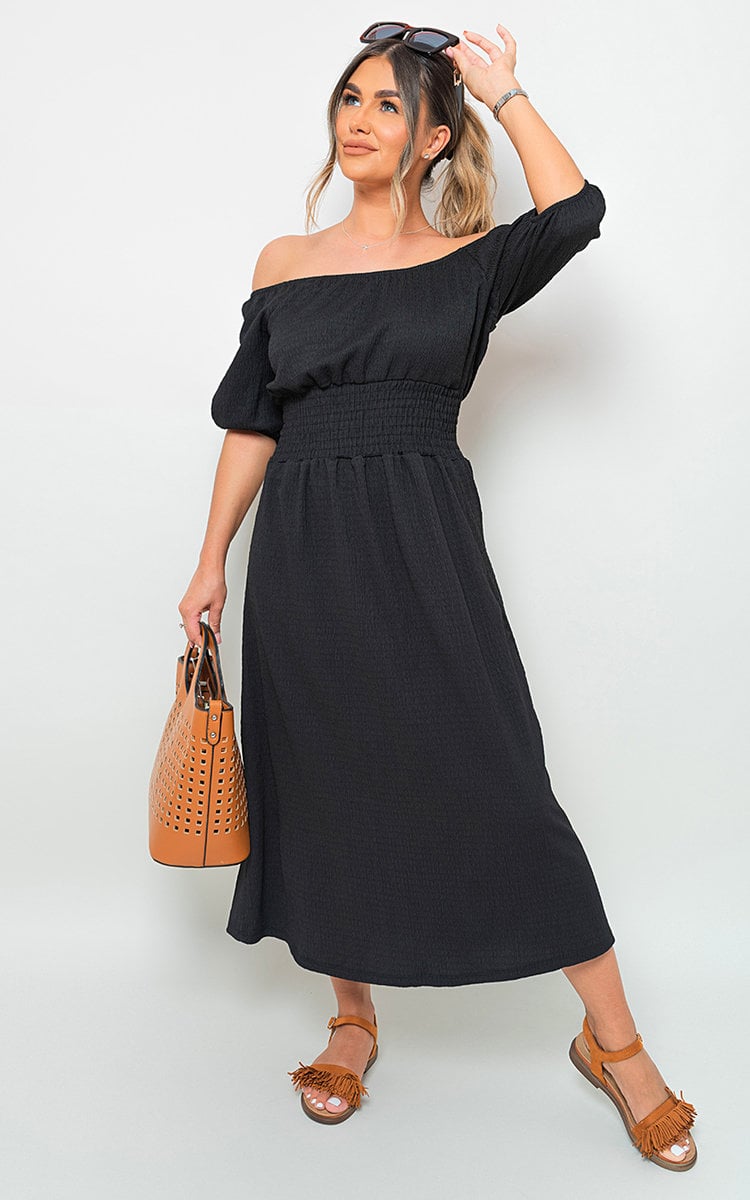 Off Shoulder Shirred Waist Dress