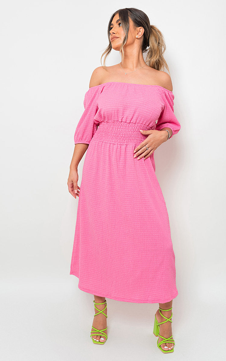 Off Shoulder Shirred Waist Dress