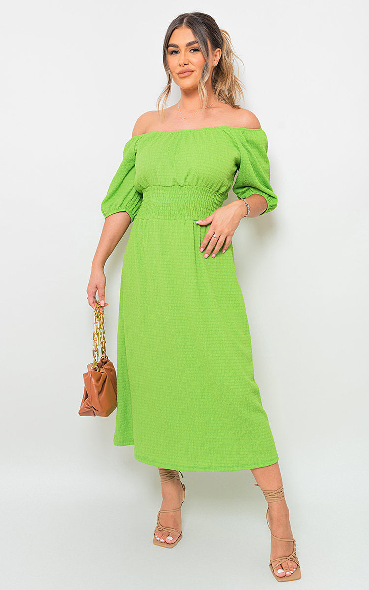 Off Shoulder Shirred Waist Dress