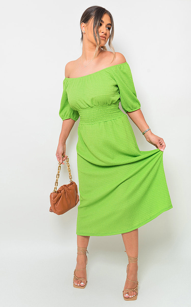 Off Shoulder Shirred Waist Dress