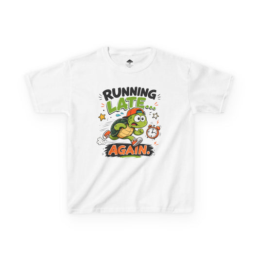 Kids Tee - "Running Late Again" Cute Turtle Graphic Shirt