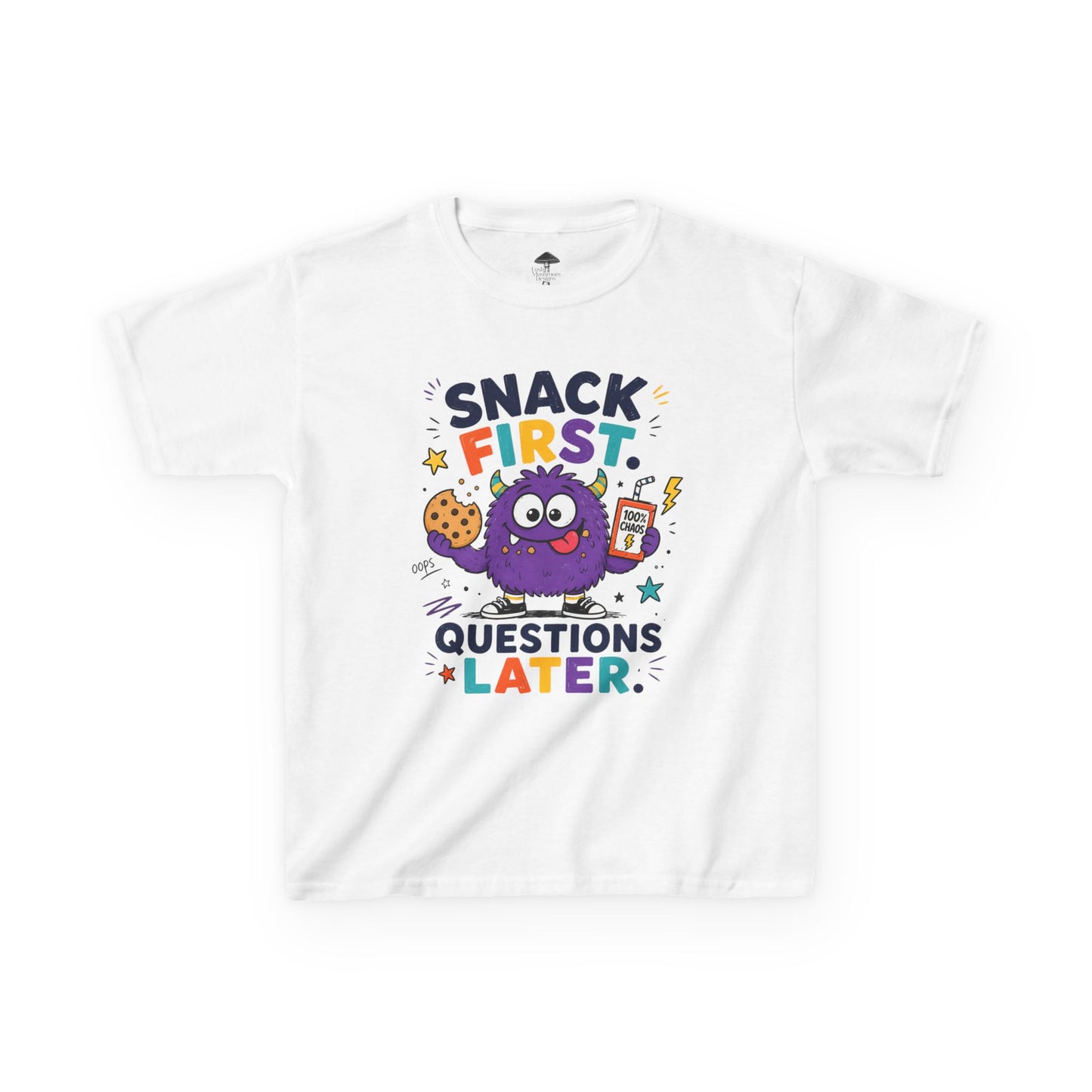 Kids T‑Shirt - "Snack First, Questions Later" Cute Monster Snack Tee