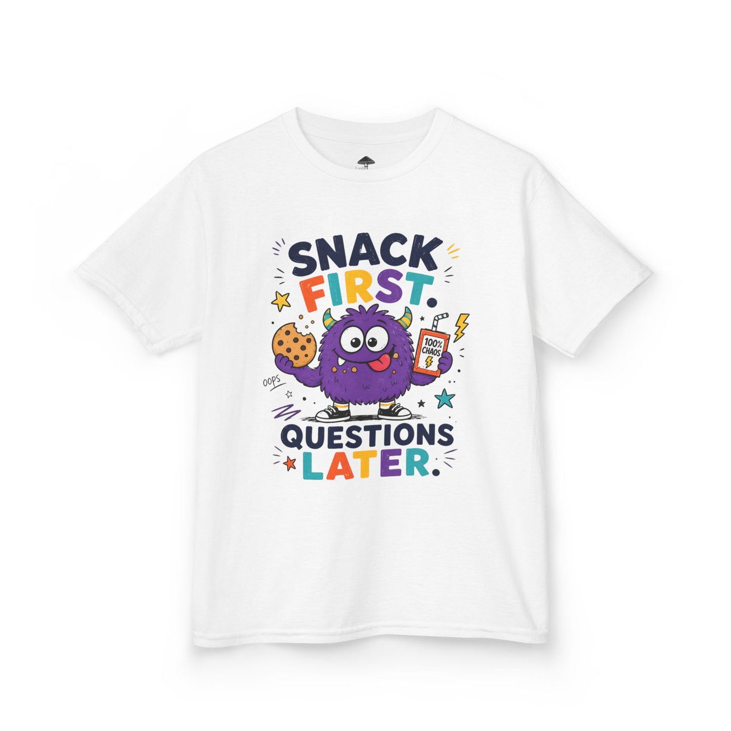 Kids T‑Shirt - "Snack First, Questions Later" Cute Monster Snack Tee