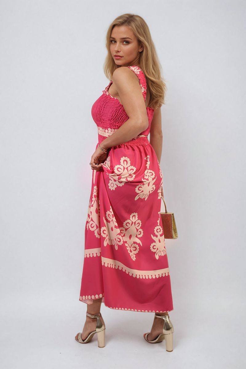 Smocked Sleeveless Flowy Tribal Print Summer Maxi Dress