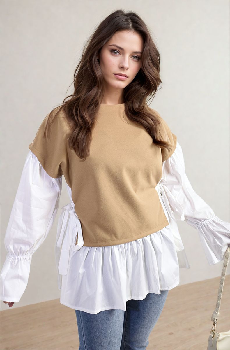 Side Tie Contrast Long Sleeve Knit Frill Top