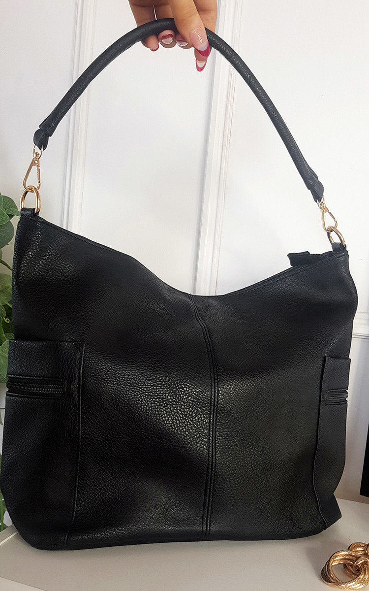 Faux Leather Shoulder Bag with Side Pocket Zip Detail