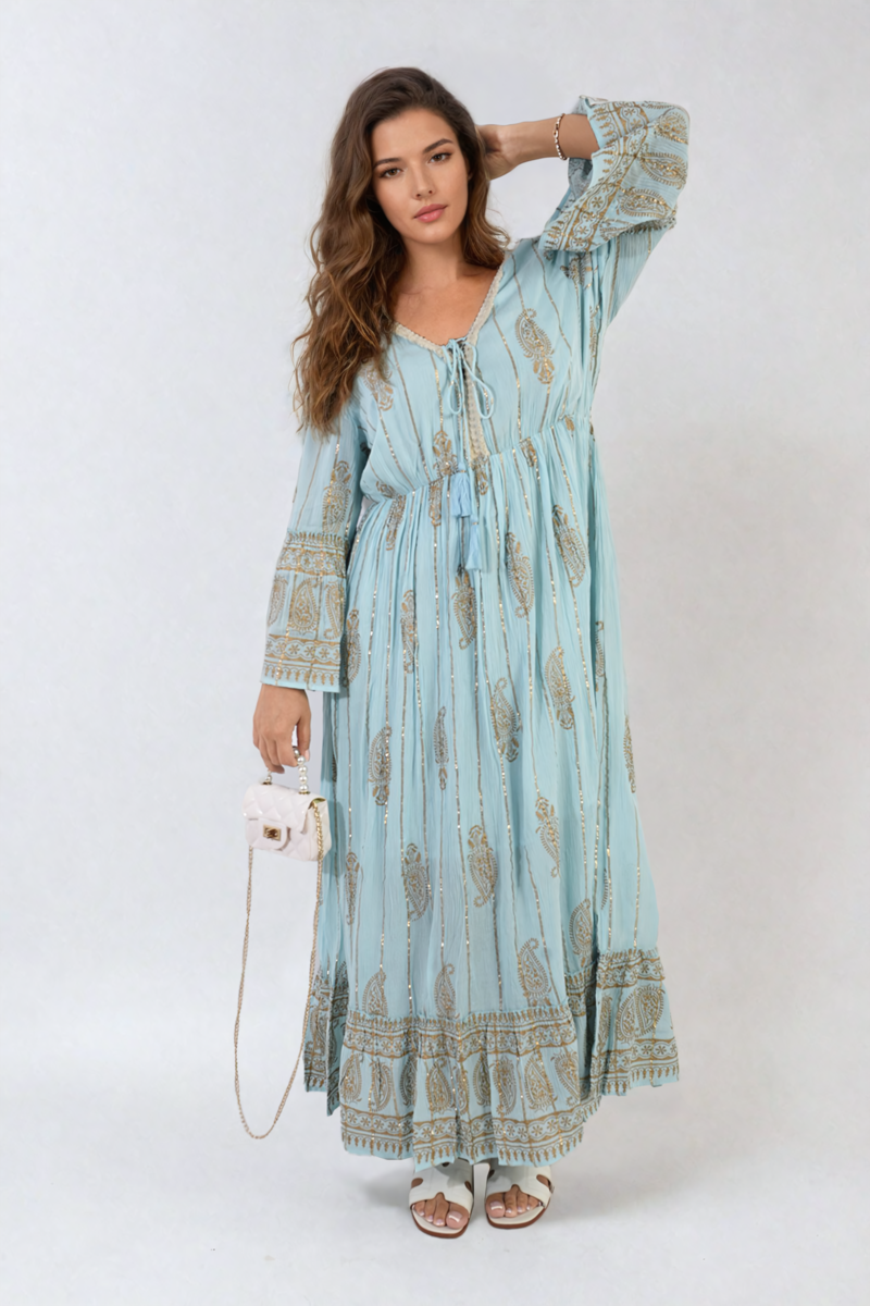 Embellished Boho Flounce Sleeve Maxi Dress