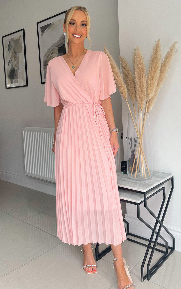 Pleated Wrap Front  Maxi Dress