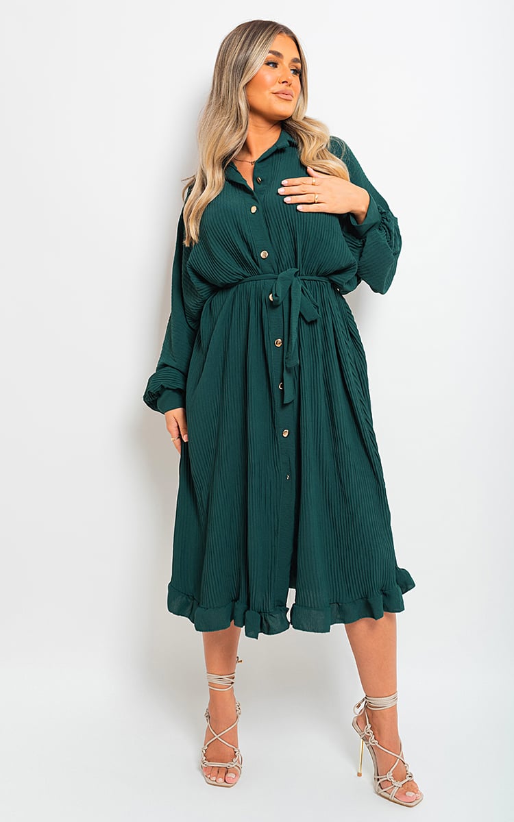 Pleated Frill Button Tie Waist Midi Dress