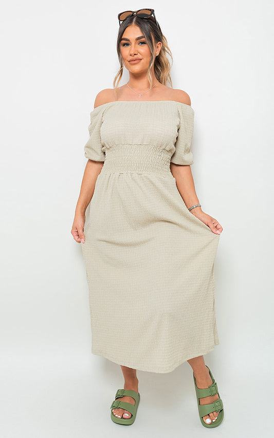 Off Shoulder Shirred Waist Dress