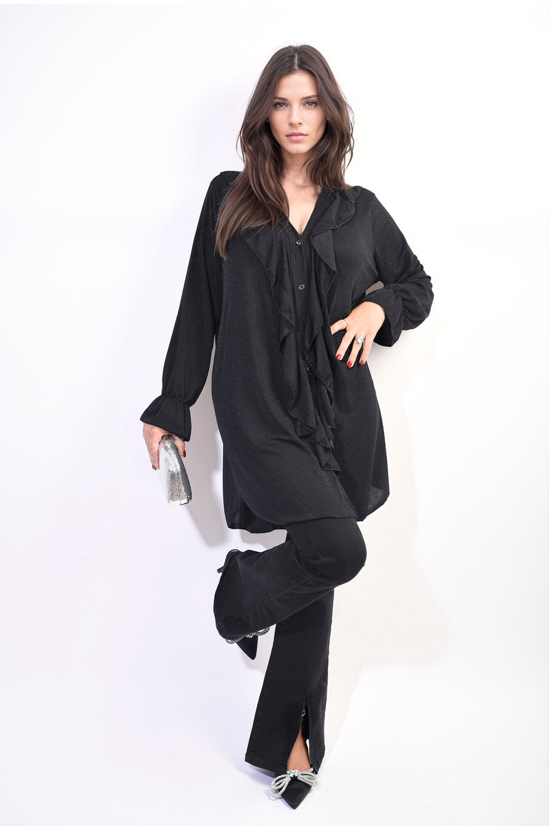 Oversized Satin Ruffle Shirt Dress