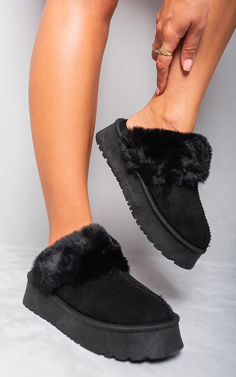 Faux Fur Trim Whisp Chunky Platform Slippers