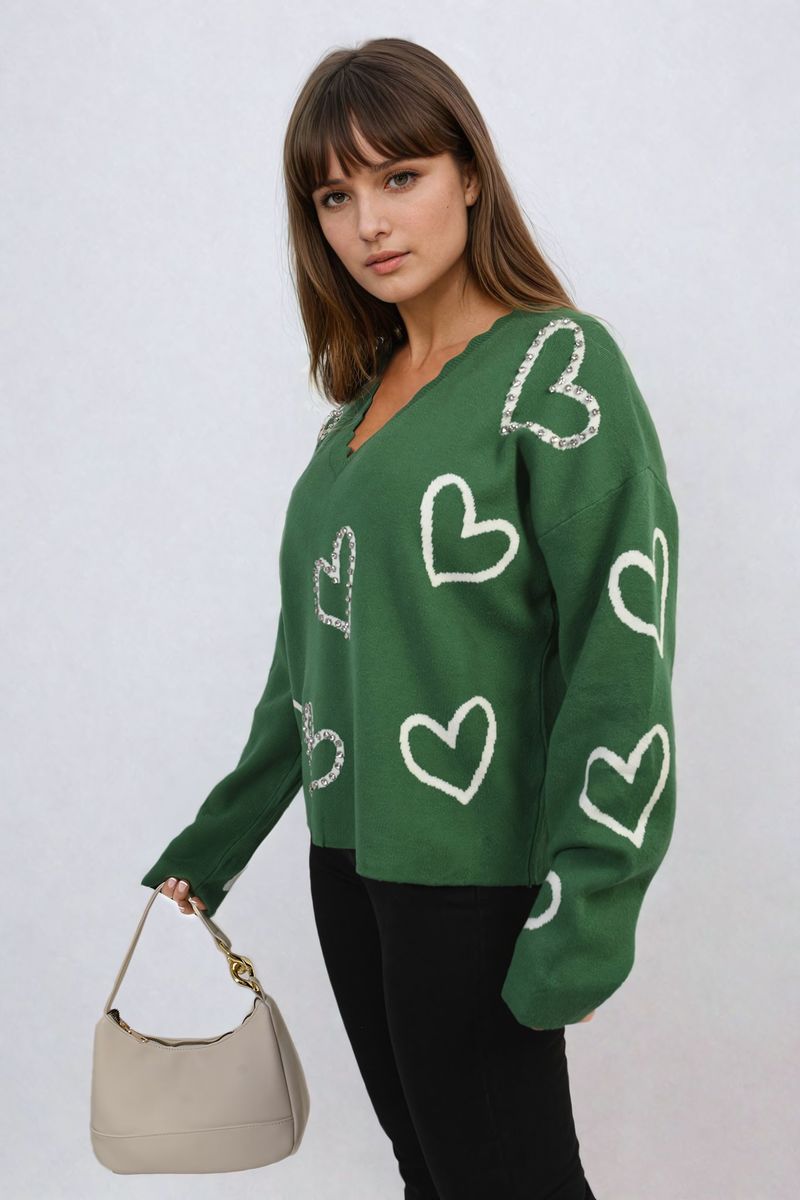 V-neck Stone Long Sleeve Knitted Jumper