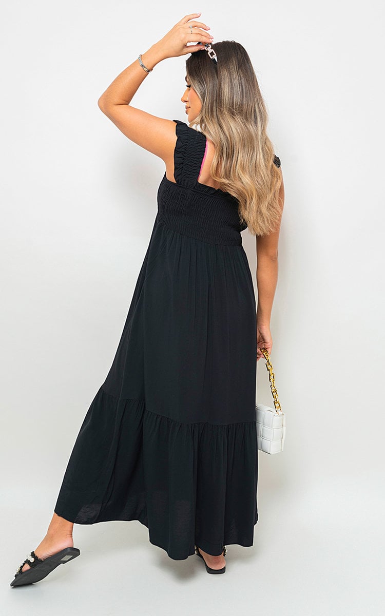 Wide Ruffle Strap Smocked Midi Dress