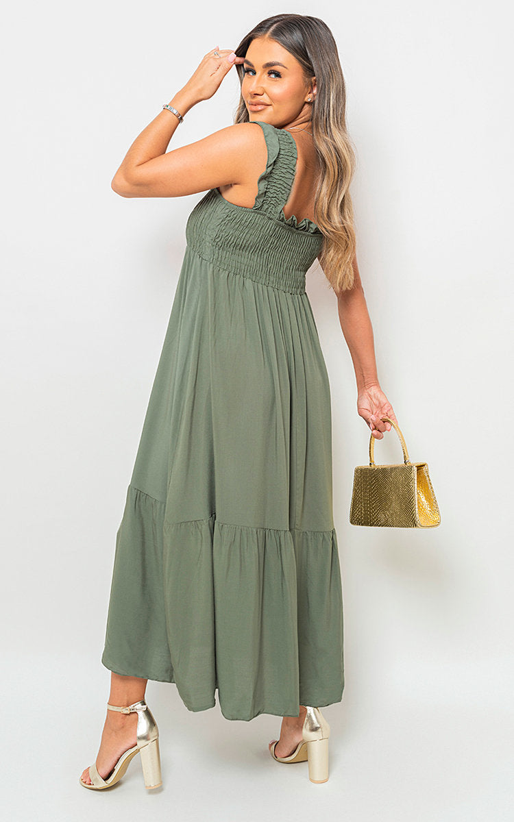 Wide Ruffle Strap Smocked Midi Dress