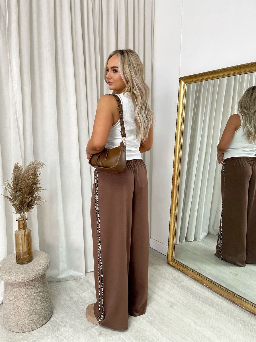 Wide Leg Lounge Trousers with Leopard Trim