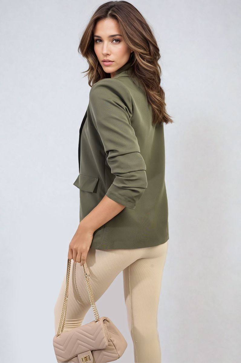 Ruched Sleeve Open Front Blazer Jacket with Front Pockets