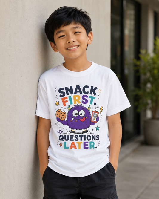 Kids T‑Shirt - "Snack First, Questions Later" Cute Monster Snack Tee