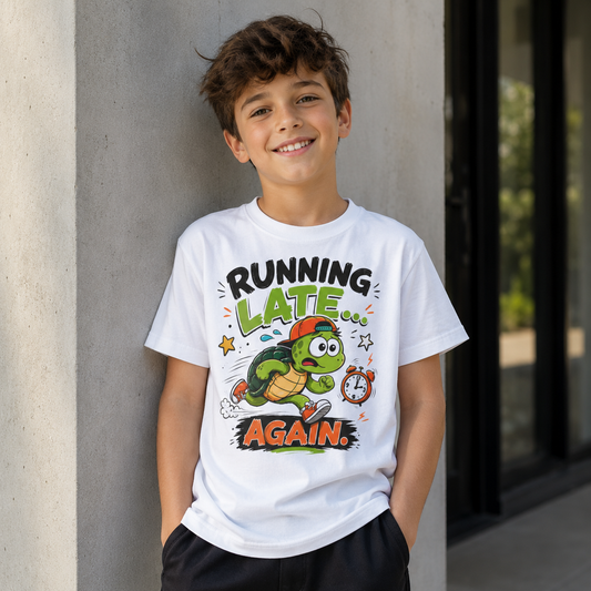 Kids Tee - "Running Late Again" Cute Turtle Graphic Shirt